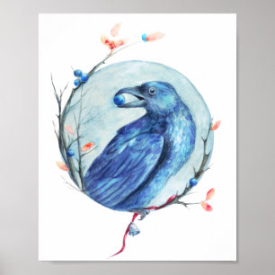 Mystic black Raven hand-drawn watercolor Poster