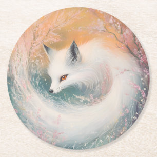 Mystic Bloom Spring Fox Watercolor Round Paper Coaster