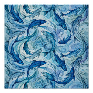 Mystic Blue Fish Flowing Harmony Poster