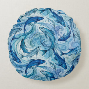 Mystic Blue Fish Flowing Harmony Round Cushion