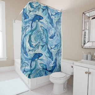 Mystic Blue Fish Flowing Harmony Shower Curtain