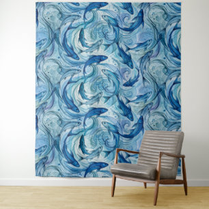 Mystic Blue Fish Flowing Harmony Tapestry