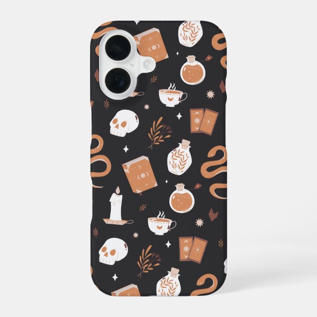 Mystic Boho Crystal Skull Snake Pattern iPhone 16 Case (Back)