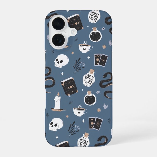 Mystic Boho Crystal Skull Snake Pattern iPhone 16 Case (Back)