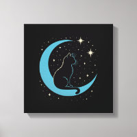 Mystic Cat on Blue Moon Night Sky