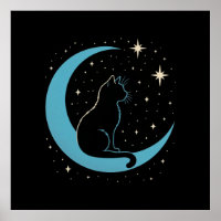 Mystic Cat on Blue Moon Night Sky