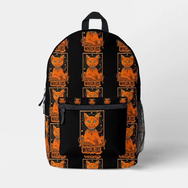Mystic Cat & Tarot | Orange Feline Art Printed Backpack (Front)
