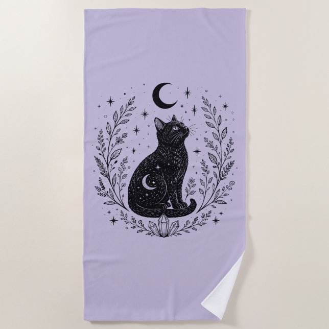 Mystic cat under the moon beach towel (Front)