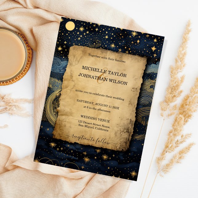 Mystic Celestial Midnight Blue Gold Stars Moon Invitation (Creator Uploaded)
