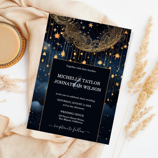 Mystic Celestial Midnight Blue Gold Stars Moon Invitation (Creator Uploaded)