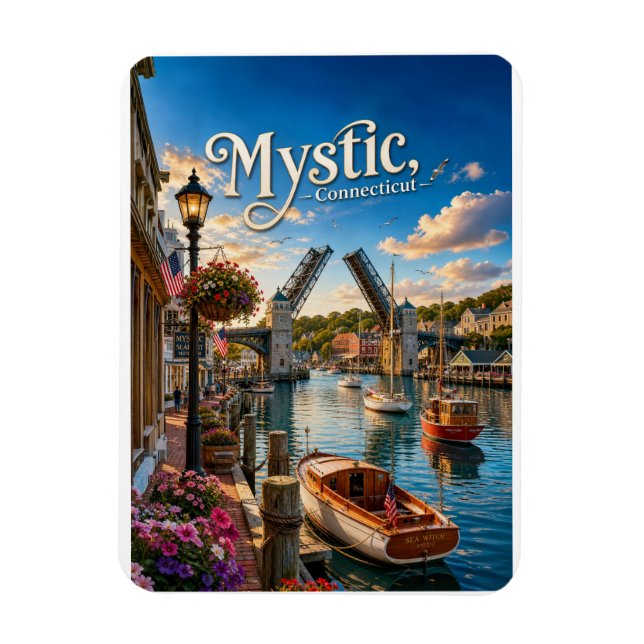 Mystic, Connecticut Drawbridge Harbour Sunset Magnet (Vertical)