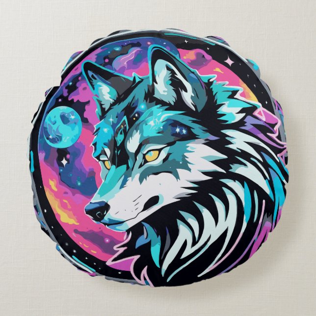 Mystic Cosmic Wolf Round Pillow (Front)
