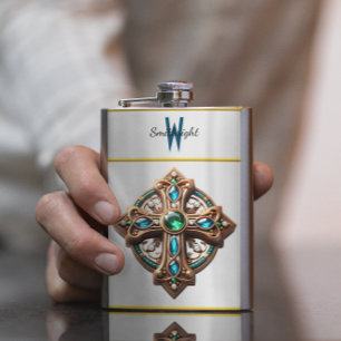 Mystic Cross Brooch With Blue and Green Gemstones Hip Flask