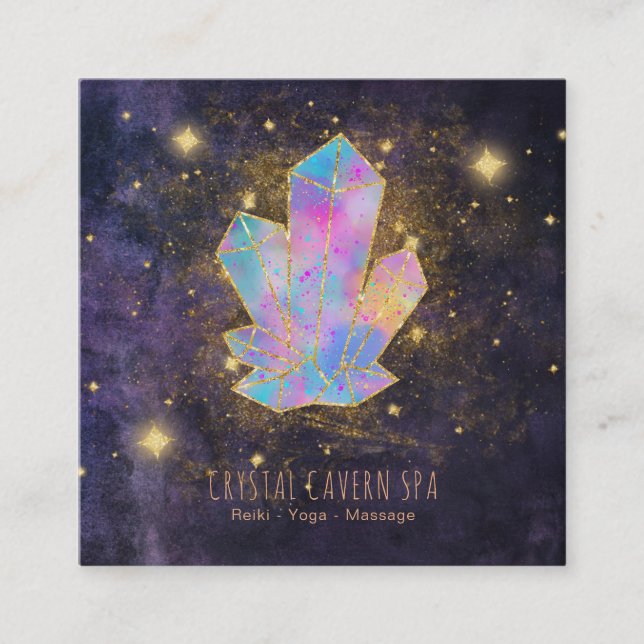 *~* Mystic Crystals Gold Glitter Stars & Star Dust Square Business Card (Front)