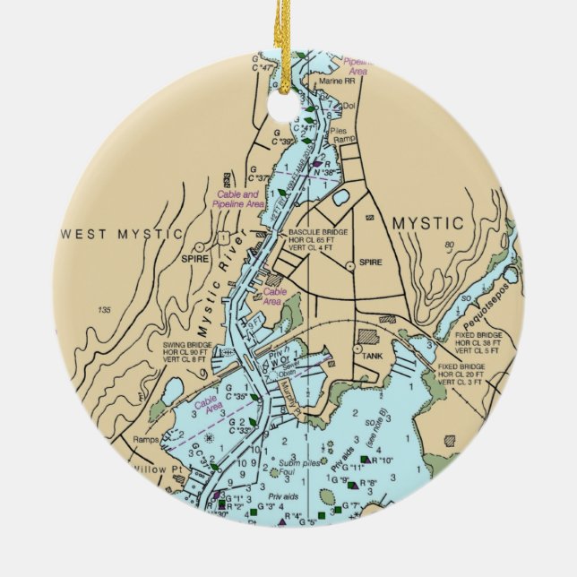 Mystic CT Chart Ceramic Tree Decoration (Back)