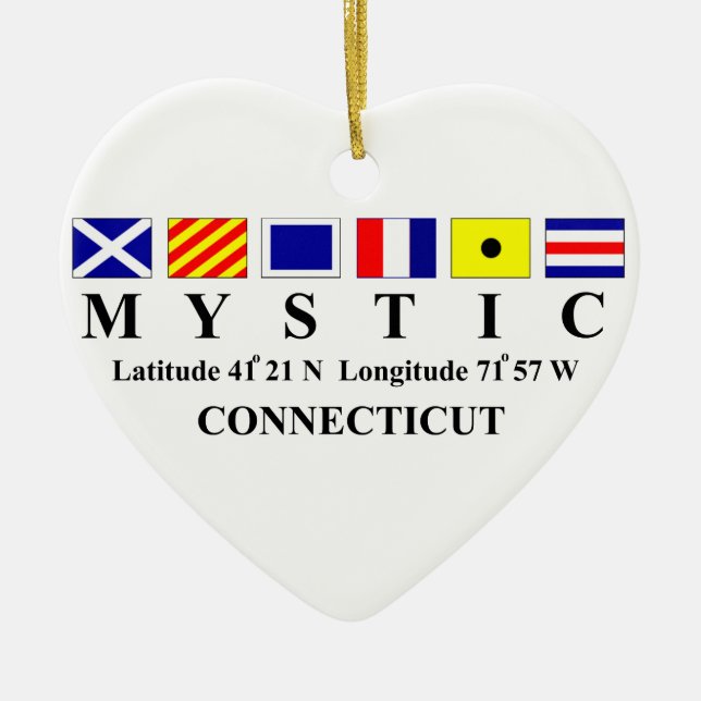 Mystic, CT - Longtitude & Latitude Ceramic Tree Decoration (Front)