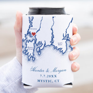 Mystic CT Map Elegant Navy Blue Wedding Favor Can Cooler