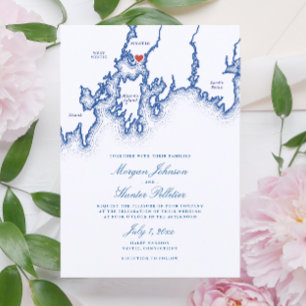 Mystic CT Map Elegant Navy Blue Wedding Invitation