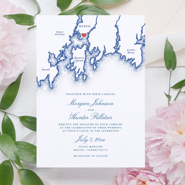 Mystic CT Map Elegant Navy Blue Wedding Invitation (Mystic CT Map Wedding Invitation in elegant navy blue by Coastal Map Designs)