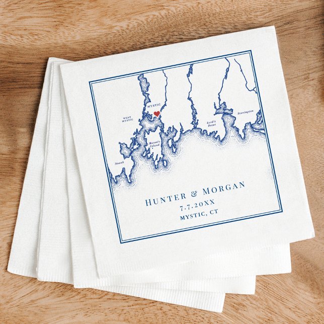 Mystic CT Map Elegant Navy Blue Wedding Napkin (Mystic CT Map Napkins for an elegant navy blue Connecticut wedding from Coastal Map Designs)