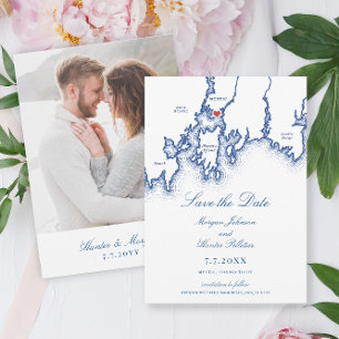 Mystic CT Map Elegant Navy Blue Wedding Save The Date