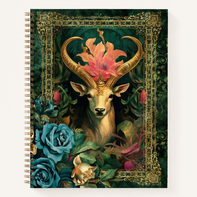 Mystic Deer in Jungle with Green Roses Notebook (Front)