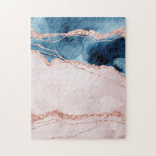 Mystic Elegance   Teal Blue and Rose Gold Agate Jigsaw Puzzle