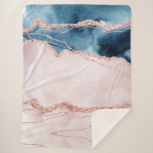Mystic Elegance | Teal Blue and Rose Gold Agate Sherpa Blanket (Front)