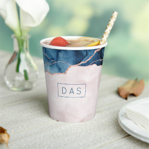 Mystic Elegance Teal Blush Pink Agate Monogram Paper Cups