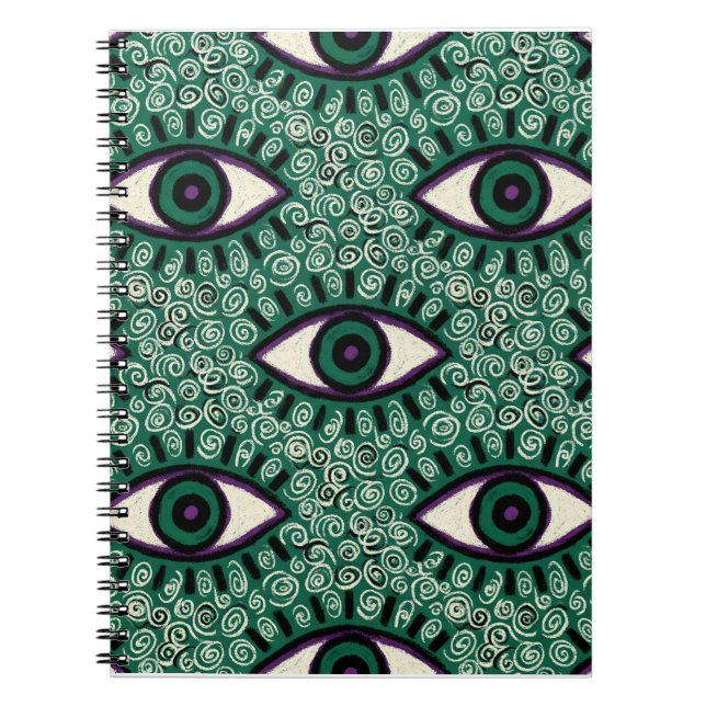 "Mystic Emerald Eyes" - Psychedelic Swirl Seamless Notebook (Front)