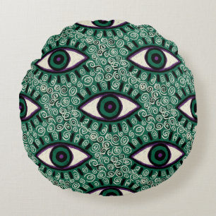 "Mystic Emerald Eyes" - Psychedelic Swirl Seamless Round Cushion