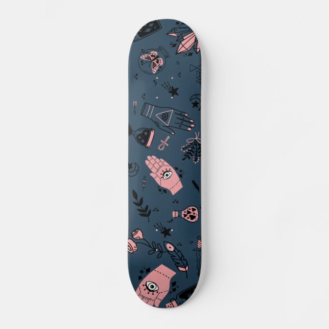 Mystic Esoteric Pink Evil Eye Hand Potion Navy Skateboard (Front)