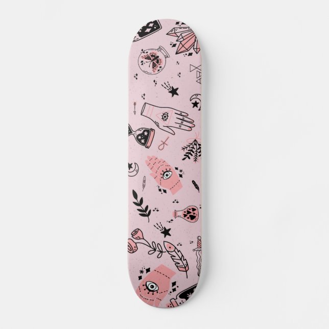 Mystic Esoteric Pink Evil Eye Hand Potion Stars Skateboard (Front)