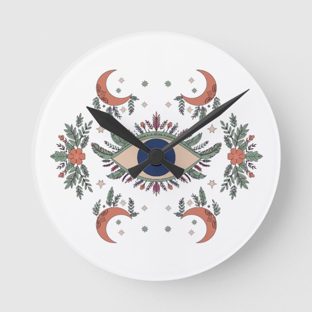Mystic evil eye and crescent moon celestial round clock (Front)