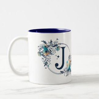 Mystic Floral Monogram Initial - Letter J Two-Tone Coffee Mug
