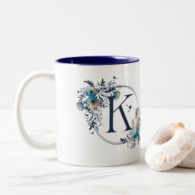 Mystic Floral Monogram Initial - Letter K Two-Tone Coffee Mug (With Donut)