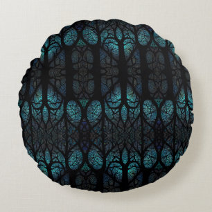 Mystic Forest Mosaic Blue & Black pattern Round Cushion