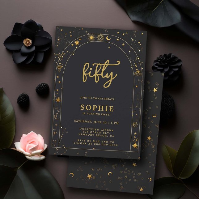 Mystic Fortune Astrology Boho Arch 50th Birthday Invitation (celestial theme 50th birthday invitations for women tarot horoscope constellations zodiac black gold)
