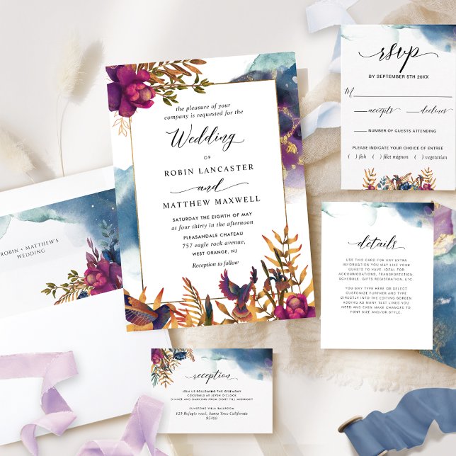 Mystic Garden Purple, Teal, Blue and Gold Wedding Invitation (Creator Uploaded)