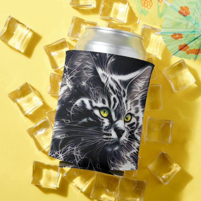 Mystic Gaze: Black & Silver Abstract Cat Can Cooler (In Situ Summer)