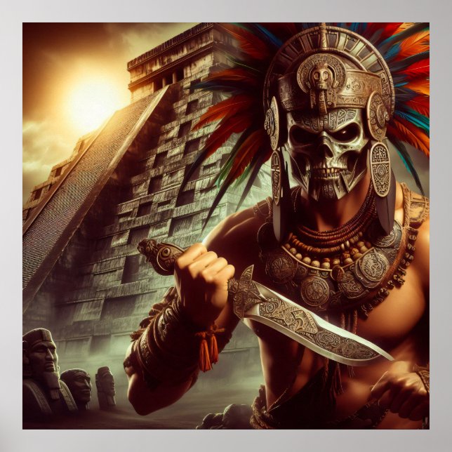 Mystic Golden-Hued Surreal Aztec Warrior Illustrat Poster (Front)
