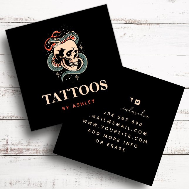 Mystic Gothic Skull Snake Illustration Tattoo Art Square Business Card (Creator Uploaded)