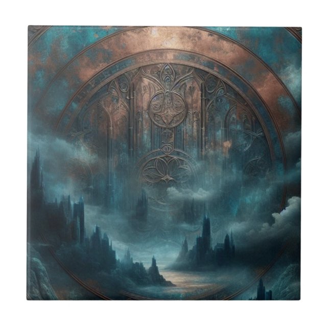 Mystic Gothic Steampunk Art - Blue Copper Patina  Tile (Front)