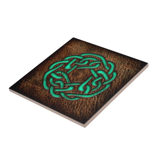 Mystic green celtic knot on leather tile (Side)