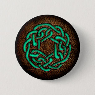 Mystic green celtic ornament on leather 6 cm round badge