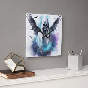 Mystic Halloween Ghost Gothic Watercolor Art Square Wall Clock