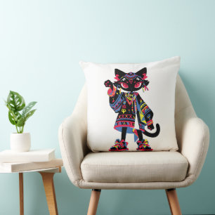Mystic Kawaii Cat – Colourful Tribal Spirit Tee Cushion