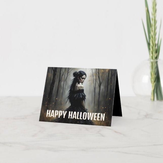 Mystic Lady in Dark Halloween Forest Card (Front)