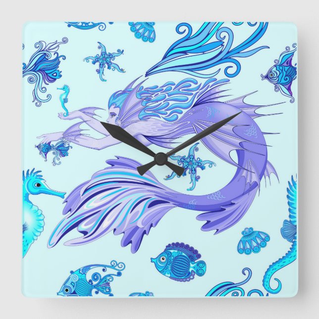 Mystic Mermaid Fairy Purple Creature Ceramic Tile Square Wall Clock (Front)