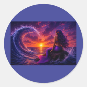 Mystic Mermaid Wave Fantasy Sunset Ocean Art Classic Round Sticker